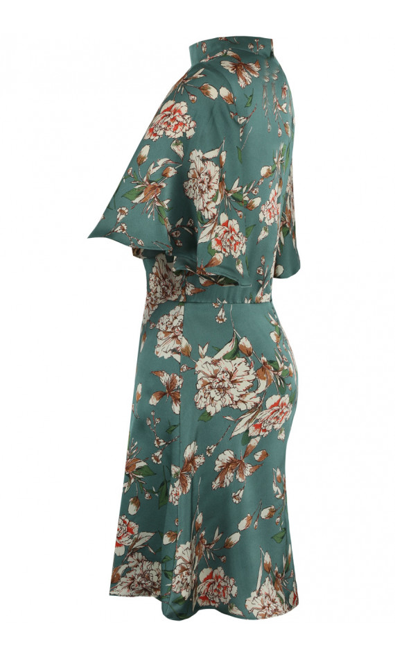 Robe patineuse verte imprimé fleuri, chic