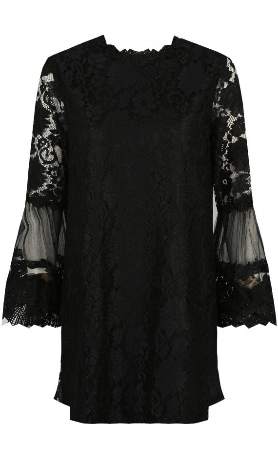 Black straight dress in lace with flowers