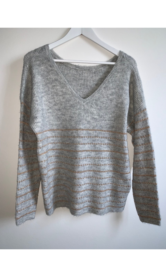 Pull gris col V avec traits lurex