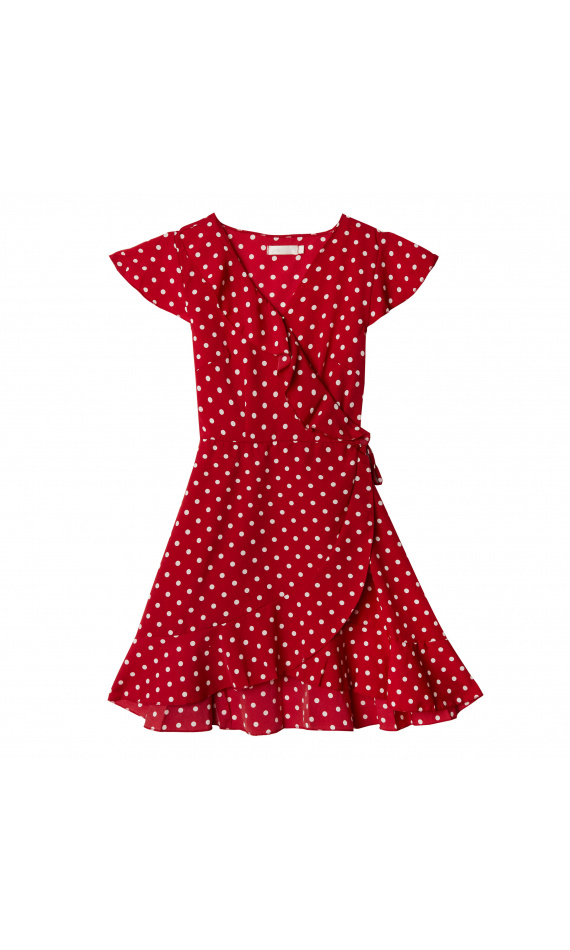 Robe portefeuille rouge à pois blancs et volants