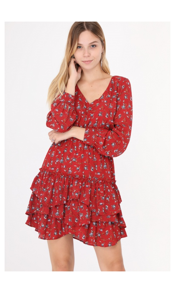 Robe rouge manches longues à fleurs avec volants