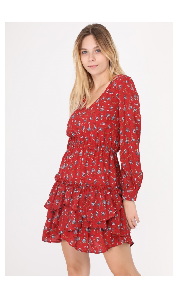 Robe rouge manches longues à fleurs avec volants