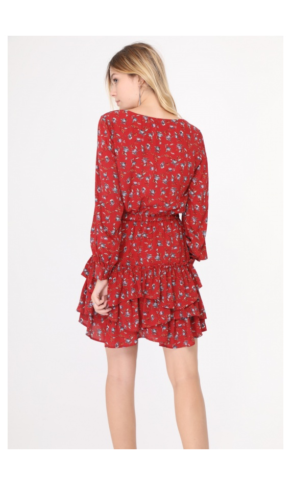 Robe rouge manches longues à fleurs avec volants