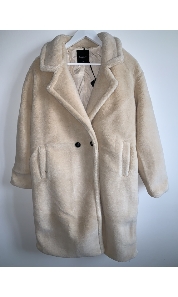 Manteau teddy bear blanc cassé, manteau long fausse fourrure