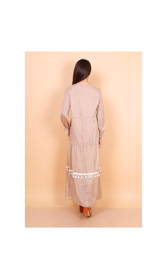 Robe longue beige avec pompons