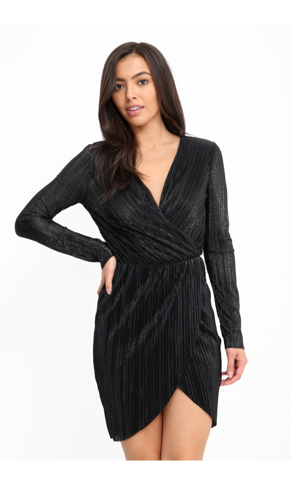 Robe courte noire métallique plissée, jolie robe de soirée