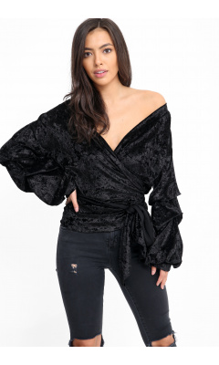 Velvet black blouse puffed sleeves encircles knotted