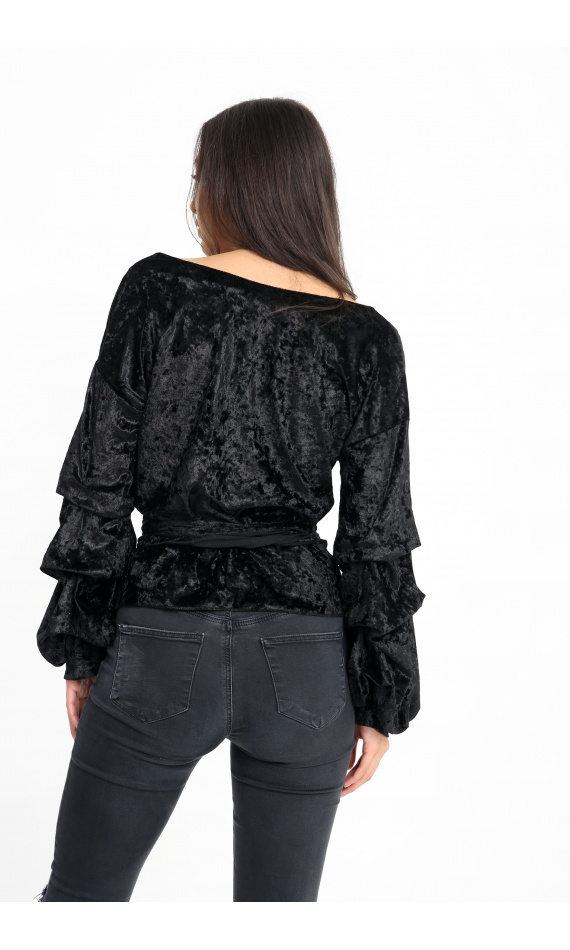 Blouse noire en velours manches bouffantes ceinture nouée