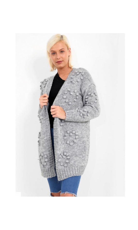 Gilet gris en laine à pompons