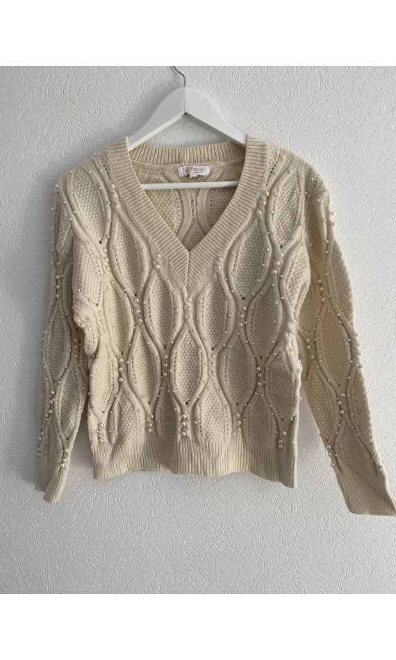 Pull col v avec perles beige