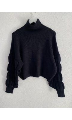 Black ruched sleeve turtleneck sweater